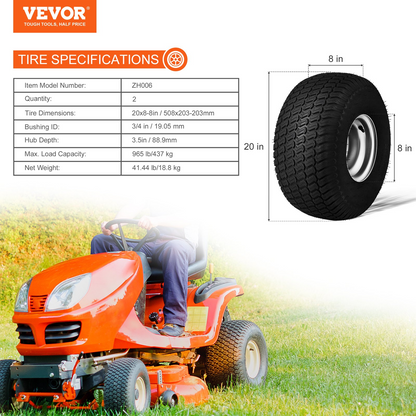 VEVOR Lawn Mower Tires with Rim, 20x8-8" Tubeless Tractor Tires, 2-Pack Tire and Wheel Assembly, S-Turf Pneumatic Tires with 3.5" Offset Hub and 3/4" Bushing Size, for Riding Mowers Lawn Tractors