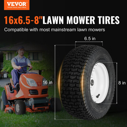 VEVOR Lawn Mower Tires with Rim, 16x6.5-8" Tubeless Tractor Tires, 2-Pack Tire and Wheel Assembly, Turf Pneumatic Tires, 3" Offset Hub, 3/4" Bushing Size, 16 PCS Adapters for Riding Mower Lawn Tractor