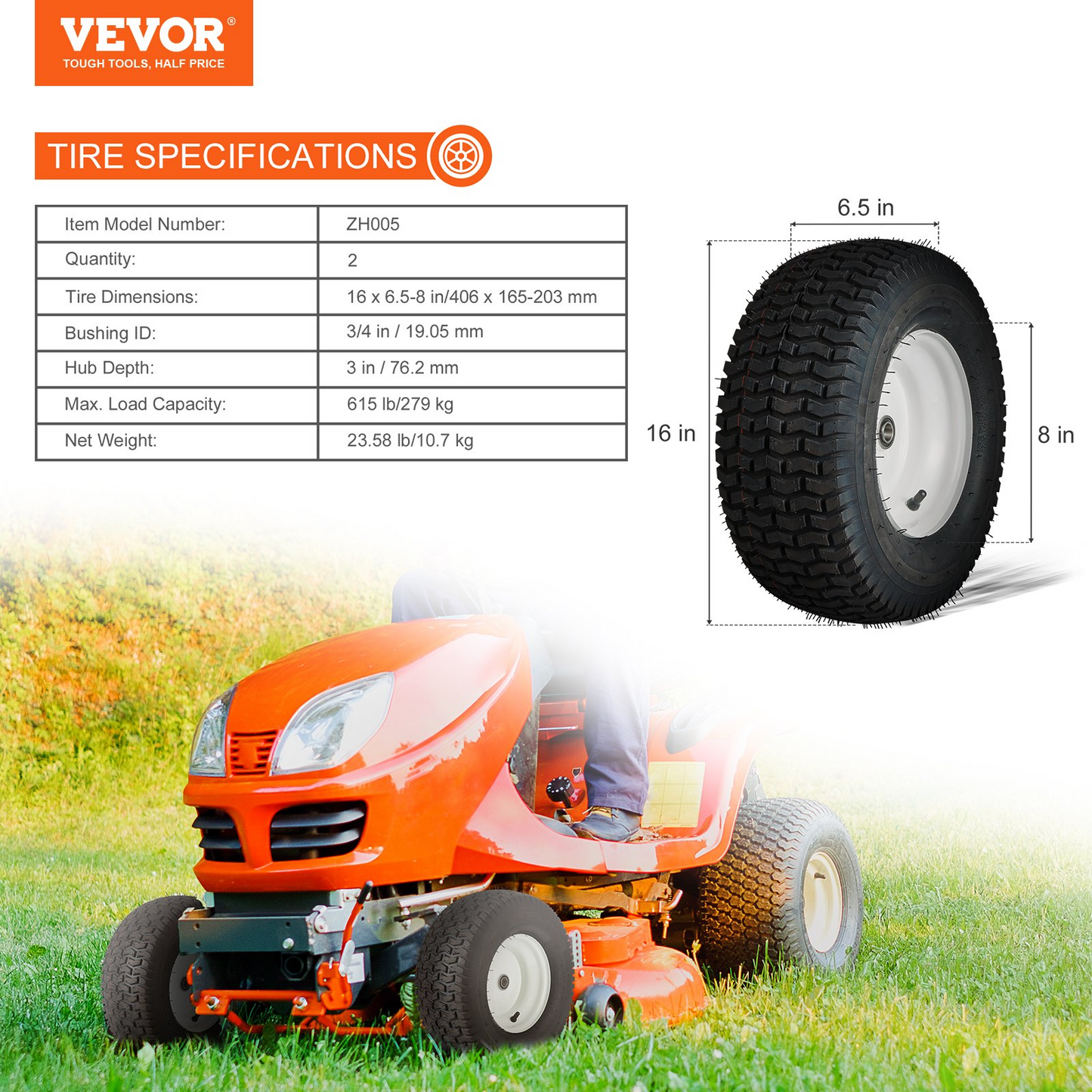 VEVOR Lawn Mower Tires with Rim, 16x6.5-8" Tubeless Tractor Tires, 2-Pack Tire and Wheel Assembly, Turf Pneumatic Tires, 3" Offset Hub, 3/4" Bushing Size, 16 PCS Adapters for Riding Mower Lawn Tractor