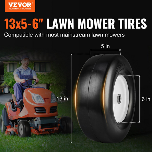 VEVOR Lawn Mower Tires with Rim, 13x5-6" Tubeless Tractor Tires, 2-Pack Tire and Wheel Assembly, Flat-free PU Tires, 3.25"-5.9" Centered Hub, 3/4" Bushing Size, 20 PCS Adapter for Lawn Mowers Tractors