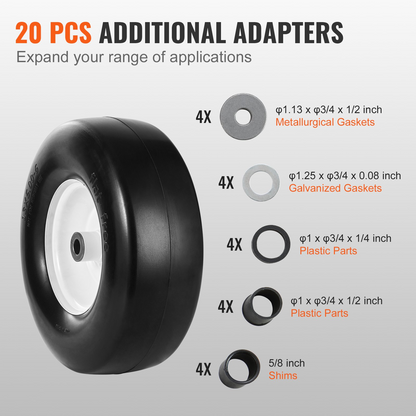 VEVOR Lawn Mower Tires with Rim, 13x5-6" Tubeless Tractor Tires, 2-Pack Tire and Wheel Assembly, Flat-free PU Tires, 3.25"-5.9" Centered Hub, 3/4" Bushing Size, 20 PCS Adapter for Lawn Mowers Tractors