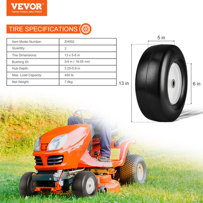 VEVOR Lawn Mower Tires with Rim, 13x5-6" Tubeless Tractor Tires, 2-Pack Tire and Wheel Assembly, Flat-free PU Tires, 3.25"-5.9" Centered Hub, 3/4" Bushing Size, 20 PCS Adapter for Lawn Mowers Tractors