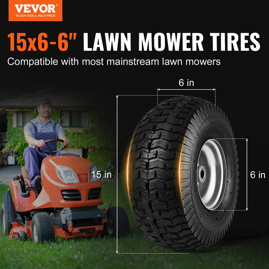 VEVOR Lawn Mower Tires, 15x6-6" Lawn Tractor Tires, 2-Pack Tire and Wheel Assemblies, Turf Pneumatic Tires with 3" Centered Hub and 3/4" Bushing Size, 16 PCS Adapters for Riding Mowers Lawn Tractors