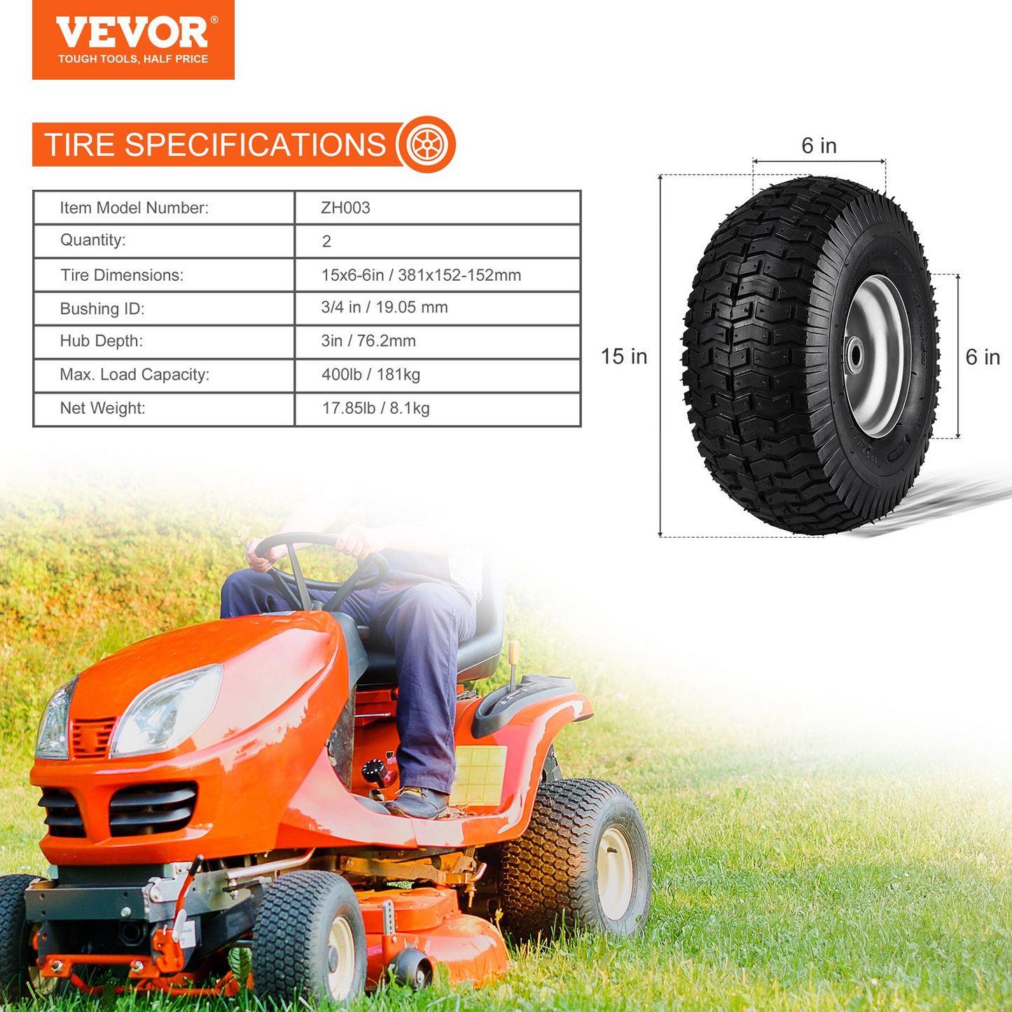 VEVOR Lawn Mower Tires, 15x6-6" Lawn Tractor Tires, 2-Pack Tire and Wheel Assemblies, Turf Pneumatic Tires with 3" Centered Hub and 3/4" Bushing Size, 16 PCS Adapters for Riding Mowers Lawn Tractors