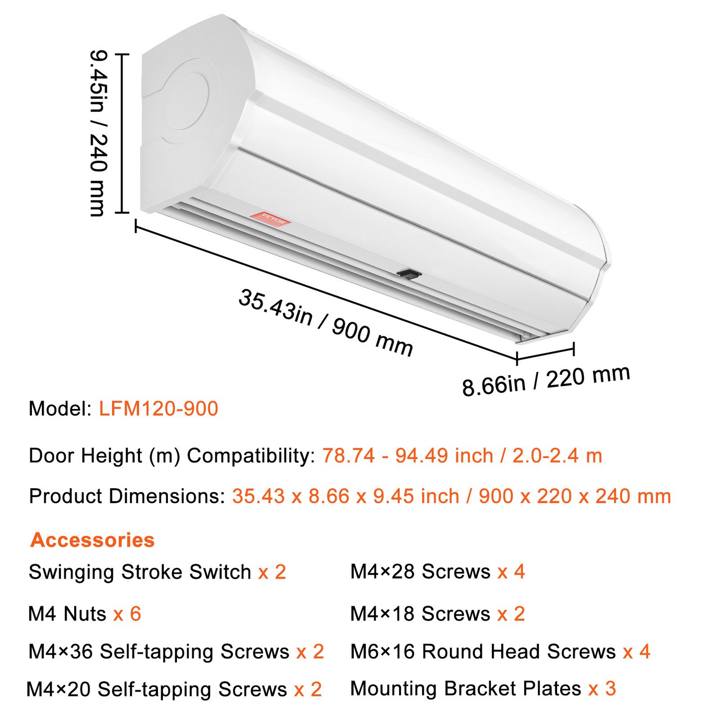 VEVOR 36" Commercial Indoor Air Curtain Super Power 2 Speeds 900CFM, Wall Mounted Air Curtains for Doors, Indoor Over Door Fan with Heavy Duty Limit Switch, Easy-Install 110V Unheated