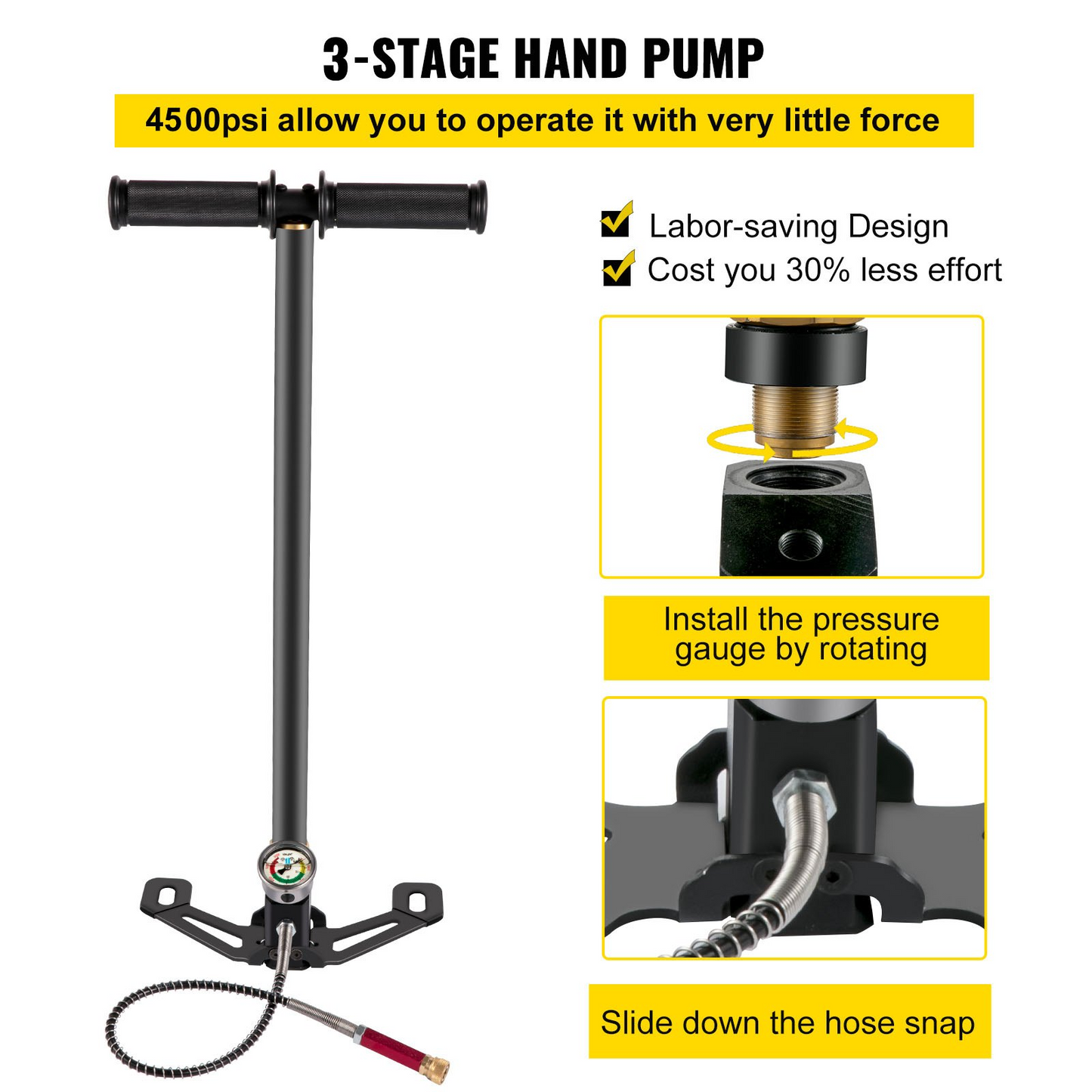 VEVOR PCP Air Pump, 3 Stage PCP Hand Pump, 4500psi High Pressure Air Pump with Gauge, Multi-Purpose Air Gun Pump, Stainless Steel PCP Air Rifle Pump for PCP, Paintball Air Guns and HPA Tanks