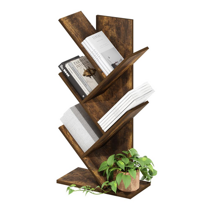 Tree Bookshelf 5-Tier Floor Standing Tree Bookcase, Amber Pine