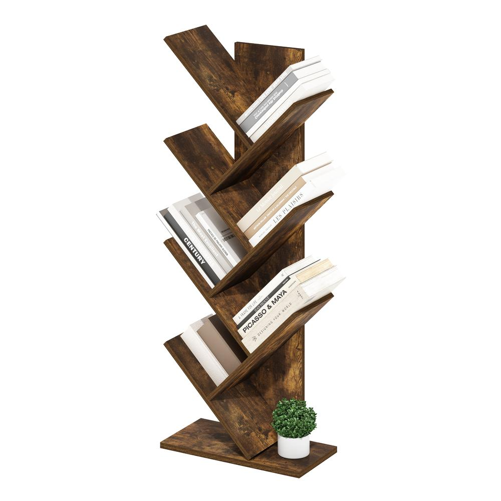 Tree Bookshelf 7-Tier Floor Standing Tree Bookcase, Amber Pine