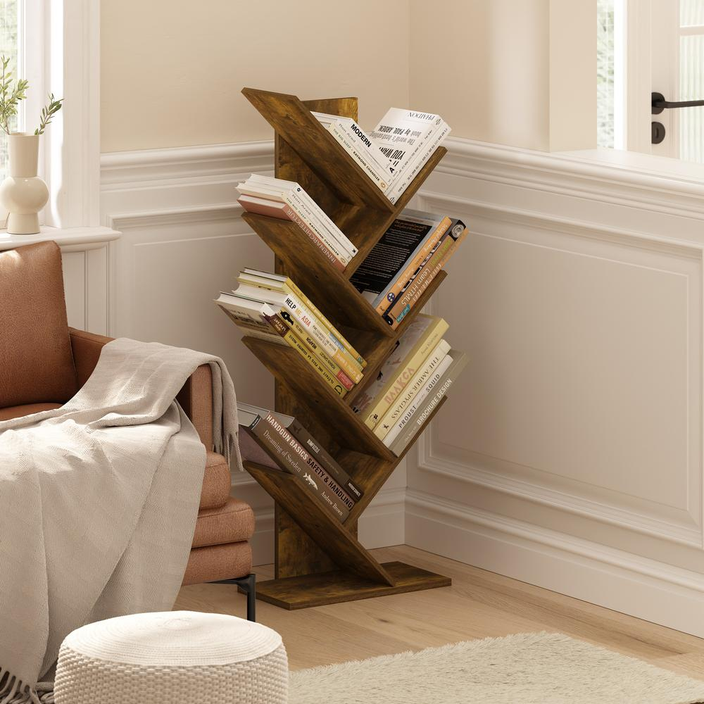 Tree Bookshelf 7-Tier Floor Standing Tree Bookcase, Amber Pine