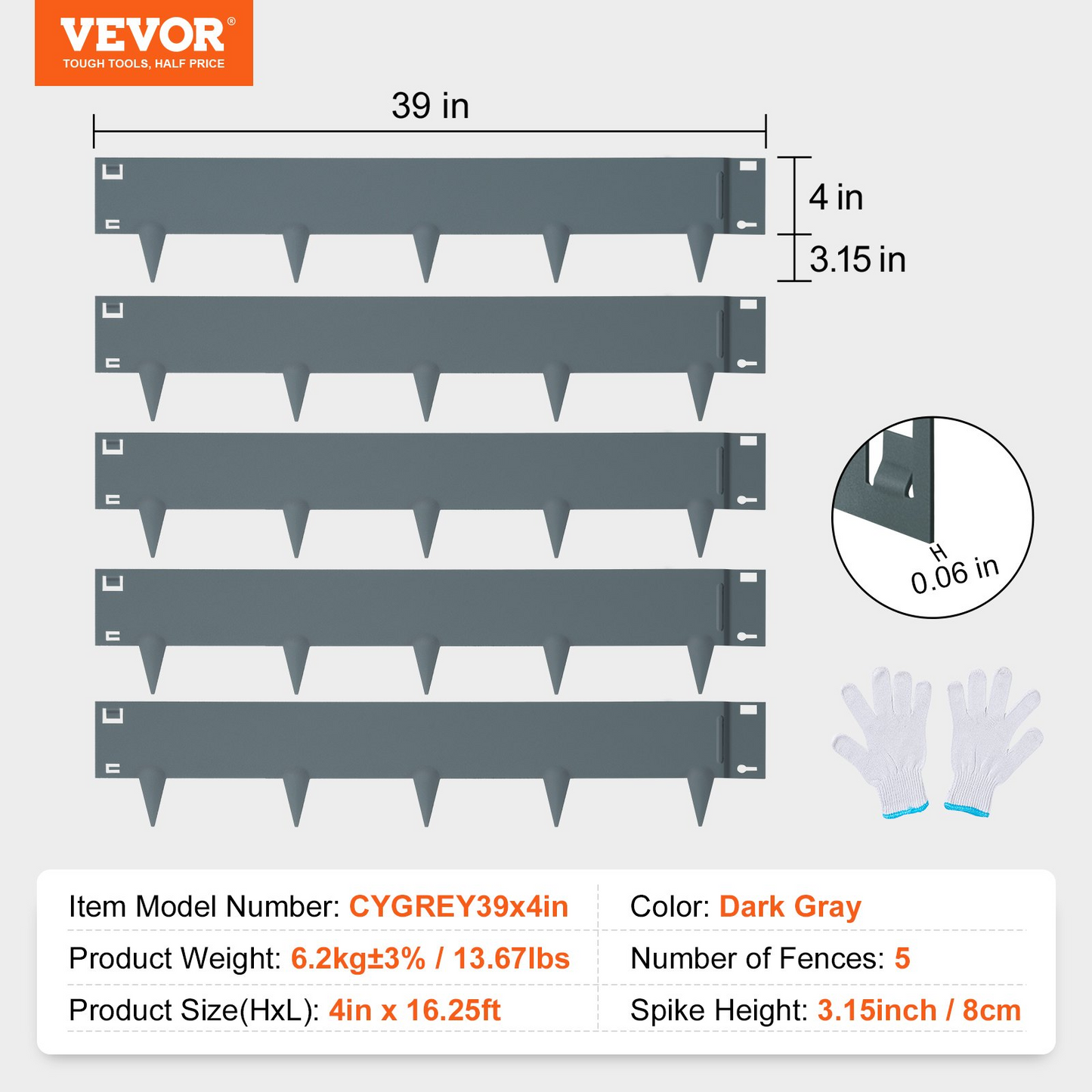 VEVOR Steel Landscape Edging, 5-pack Steel Garden Edging Borders, 39" L x 4" H Strips, Hammer-in Edging Border, Bendable Metal Landscape Edging for Yard, Garden, Lawn, 3.15" Spike Height, Dark Gray