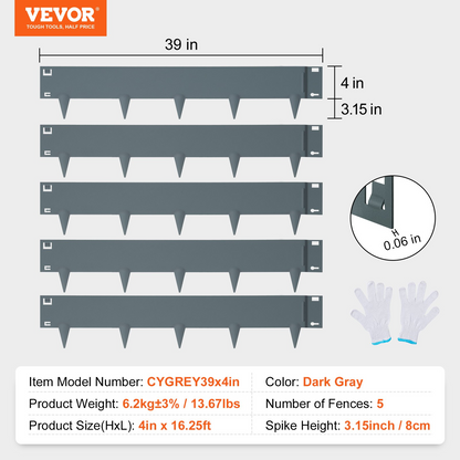 VEVOR Steel Landscape Edging, 5-pack Steel Garden Edging Borders, 39" L x 4" H Strips, Hammer-in Edging Border, Bendable Metal Landscape Edging for Yard, Garden, Lawn, 3.15" Spike Height, Dark Gray