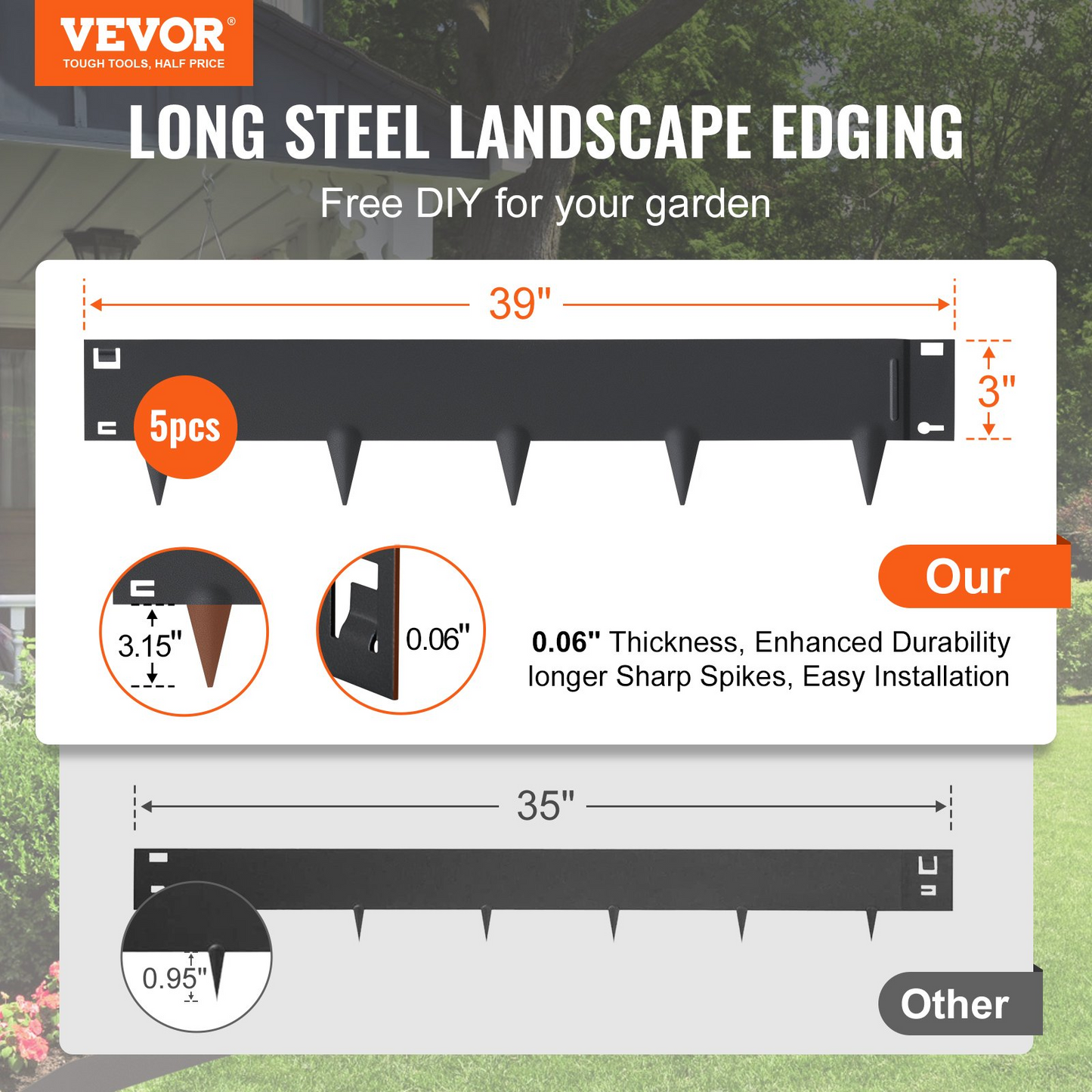 VEVOR Steel Landscape Edging, 5-pack Steel Garden Edging Borders, 39" L x 3" H Strips, Hammer-in Edging Border, Bendable Metal Landscape Edging for Yard, Garden, Lawn, 3.15" Spike Height, Black