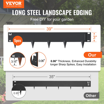 VEVOR Steel Landscape Edging, 5-pack Steel Garden Edging Borders, 39" L x 3" H Strips, Hammer-in Edging Border, Bendable Metal Landscape Edging for Yard, Garden, Lawn, 3.15" Spike Height, Black