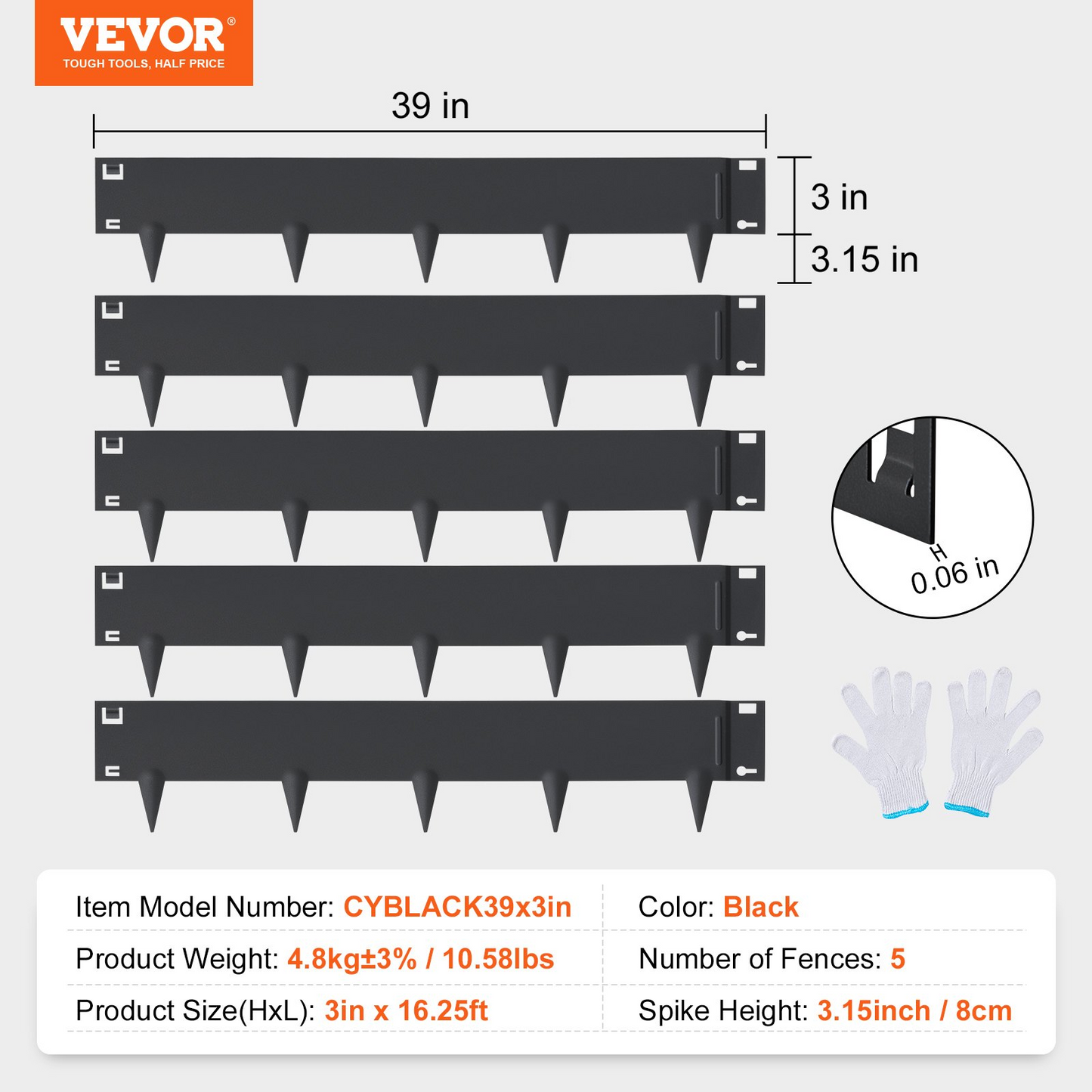 VEVOR Steel Landscape Edging, 5-pack Steel Garden Edging Borders, 39" L x 3" H Strips, Hammer-in Edging Border, Bendable Metal Landscape Edging for Yard, Garden, Lawn, 3.15" Spike Height, Black