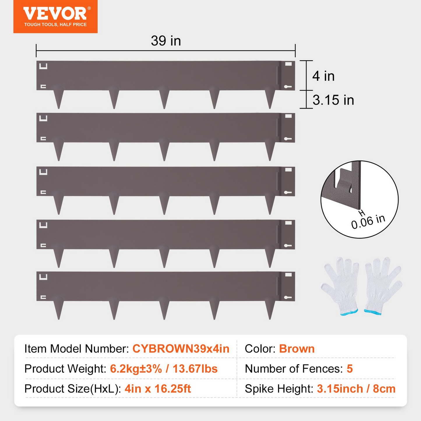 VEVOR Steel Landscape Edging, 5-pack Steel Garden Edging Borders, 39" L x 4" H Strips, Hammer-in Edging Border, Bendable Metal Landscape Edging for Yard, Garden, 3.15" Spike Height, Rustic Brown