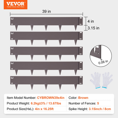 VEVOR Steel Landscape Edging, 5-pack Steel Garden Edging Borders, 39" L x 4" H Strips, Hammer-in Edging Border, Bendable Metal Landscape Edging for Yard, Garden, 3.15" Spike Height, Rustic Brown