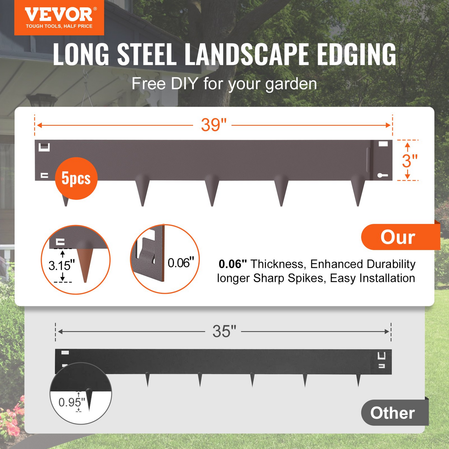 VEVOR Steel Landscape Edging 5-pack Steel Garden Edging Borders 39" L x 3" H