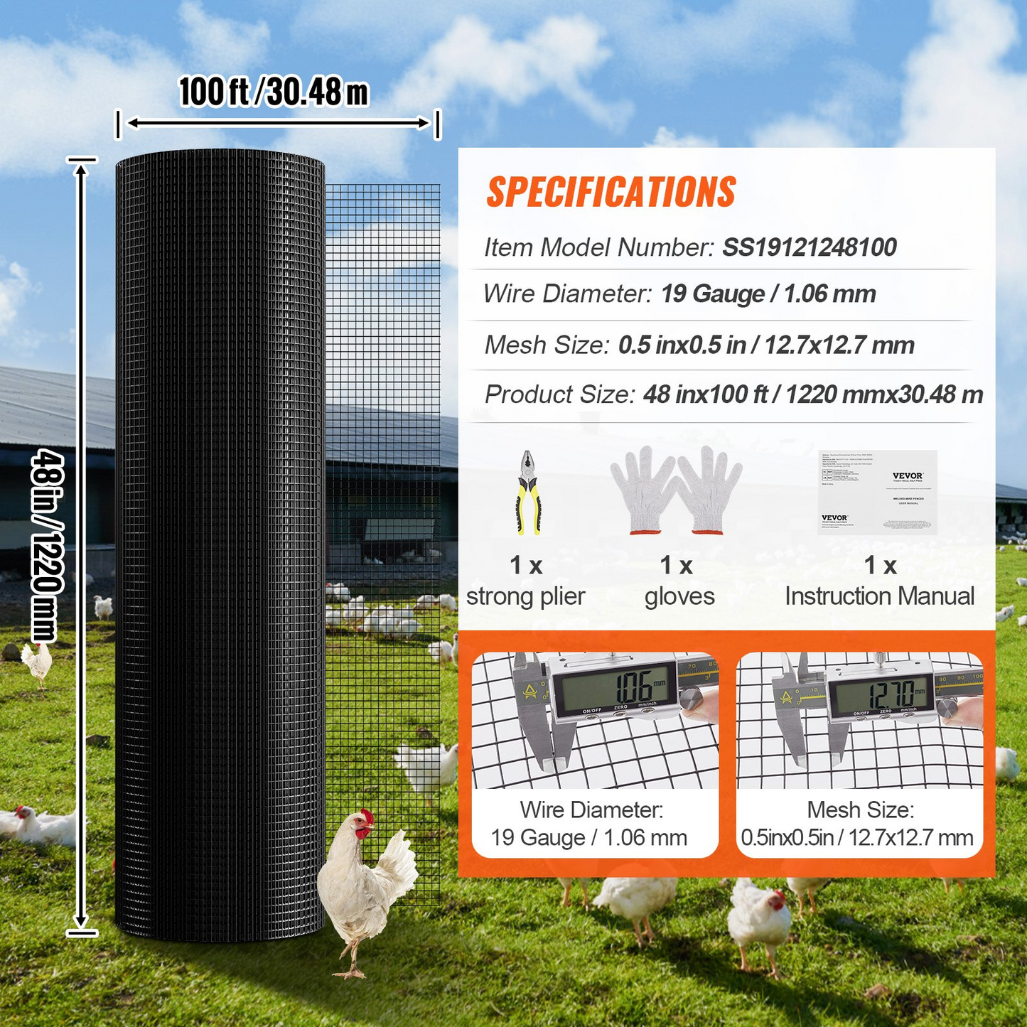 VEVOR Hardware Cloth, 48'' x 100' Galvanized Wire Mesh Roll, 19 Gauge Chicken Wire Fence Roll, Vinyl Coating Metal Wire Mesh for Chicken Coop Barrier, Rabbit Snake Fences, Poultry Enclosures