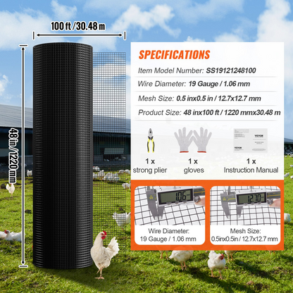 VEVOR Hardware Cloth, 48'' x 100' Galvanized Wire Mesh Roll, 19 Gauge Chicken Wire Fence Roll, Vinyl Coating Metal Wire Mesh for Chicken Coop Barrier, Rabbit Snake Fences, Poultry Enclosures