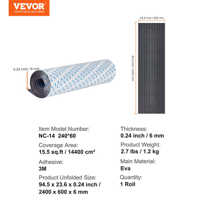 VEVOR Boat Flooring, EVA Foam Boat Decking 94.5" x 23.6", Non-Slip Self-Adhesive Flooring, 15.5 sq.ft Marine Carpet for Boats, Yacht, Pontoon, Kayak Decking