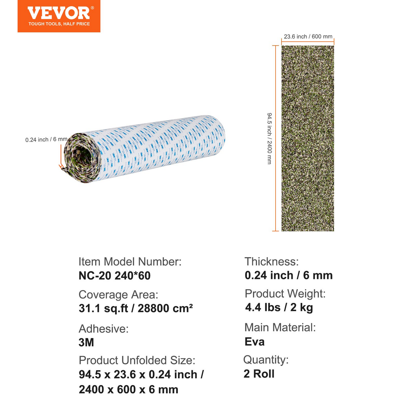 VEVOR Boat Flooring, EVA Foam Boat Decking 94.5" x 23.6", Non-Slip Self-Adhesive Flooring, 31.1sq.ft 2 Rolls of Marine Carpet for Boats, Yacht, Pontoon, Kayak Decking