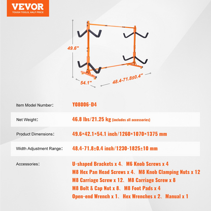 VEVOR Freestanding Kayak Storage Rack, Kayak Stand for 4 Kayak Canoe Paddleboard, Heavy-duty Steel Kayak Hanger Holder with Padded Arms and Adjustable Width, 220LBS Max Load, for Indoor Outdoor Garage