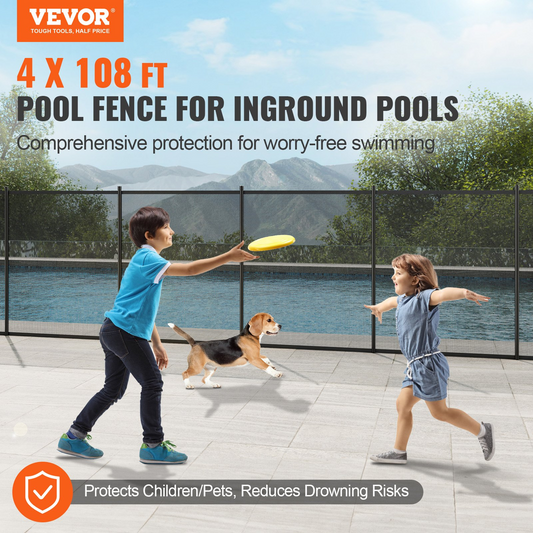 VEVOR Pool Fence, 4 x 108 FT Pool Fences for Inground Pools, Removable Child Safety Pool Fencing, Easy DIY Installation Swimming Pool Fence, 340gms Teslin PVC Pool Fence Mesh Protects Kids and Pets