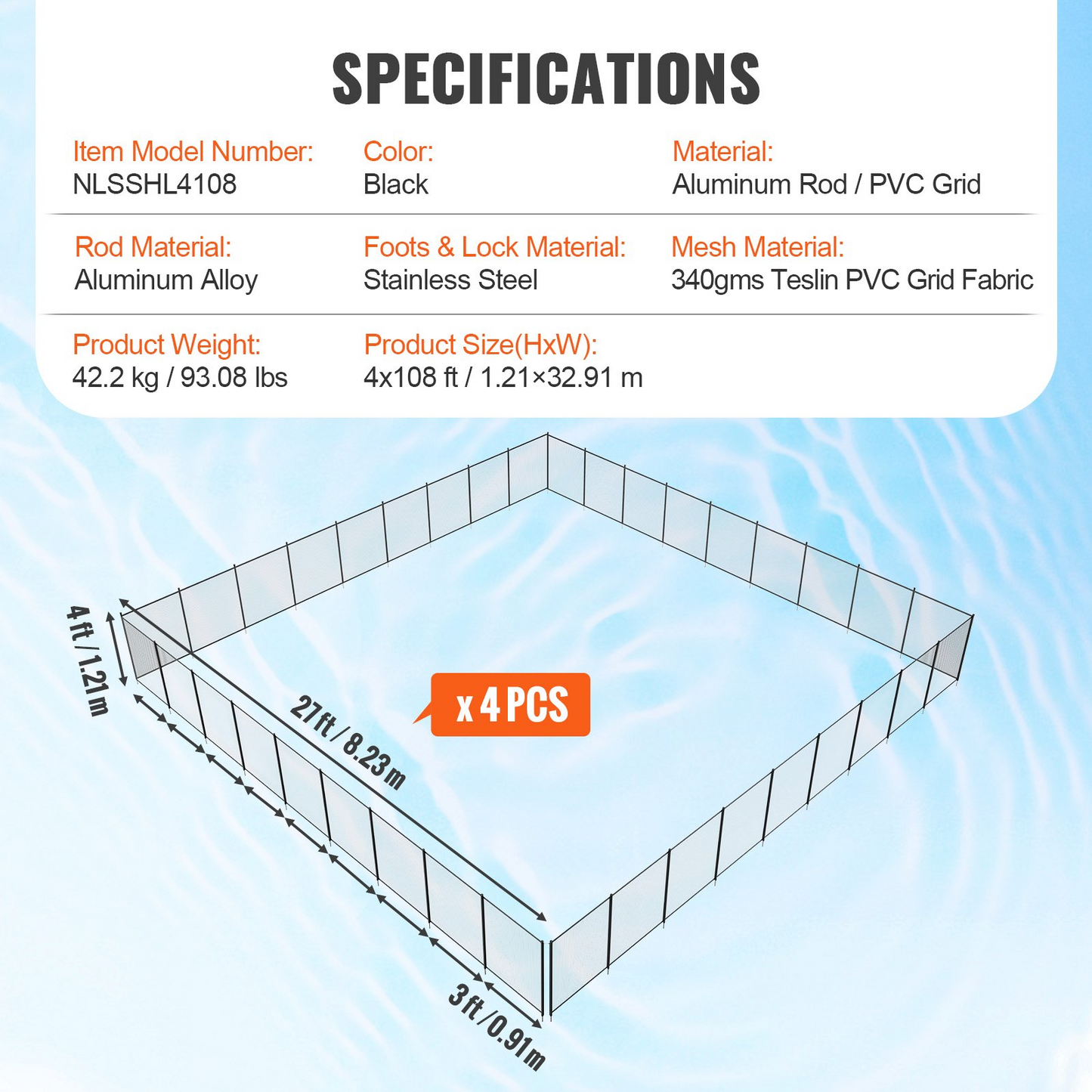 VEVOR Pool Fence, 4 x 108 FT Pool Fences for Inground Pools, Removable Child Safety Pool Fencing, Easy DIY Installation Swimming Pool Fence, 340gms Teslin PVC Pool Fence Mesh Protects Kids and Pets