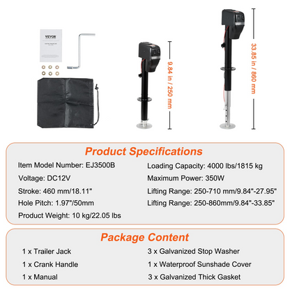 VEVOR Electric Trailer Jack, Power Tongue Jack Weight Capacity 4000 lbs, 9.84"-33.85" Electric Tongue Jack with Waterproof Cover for Lifting RV Trailer, Horse Trailer, Utility Trailer, Yacht Trailer