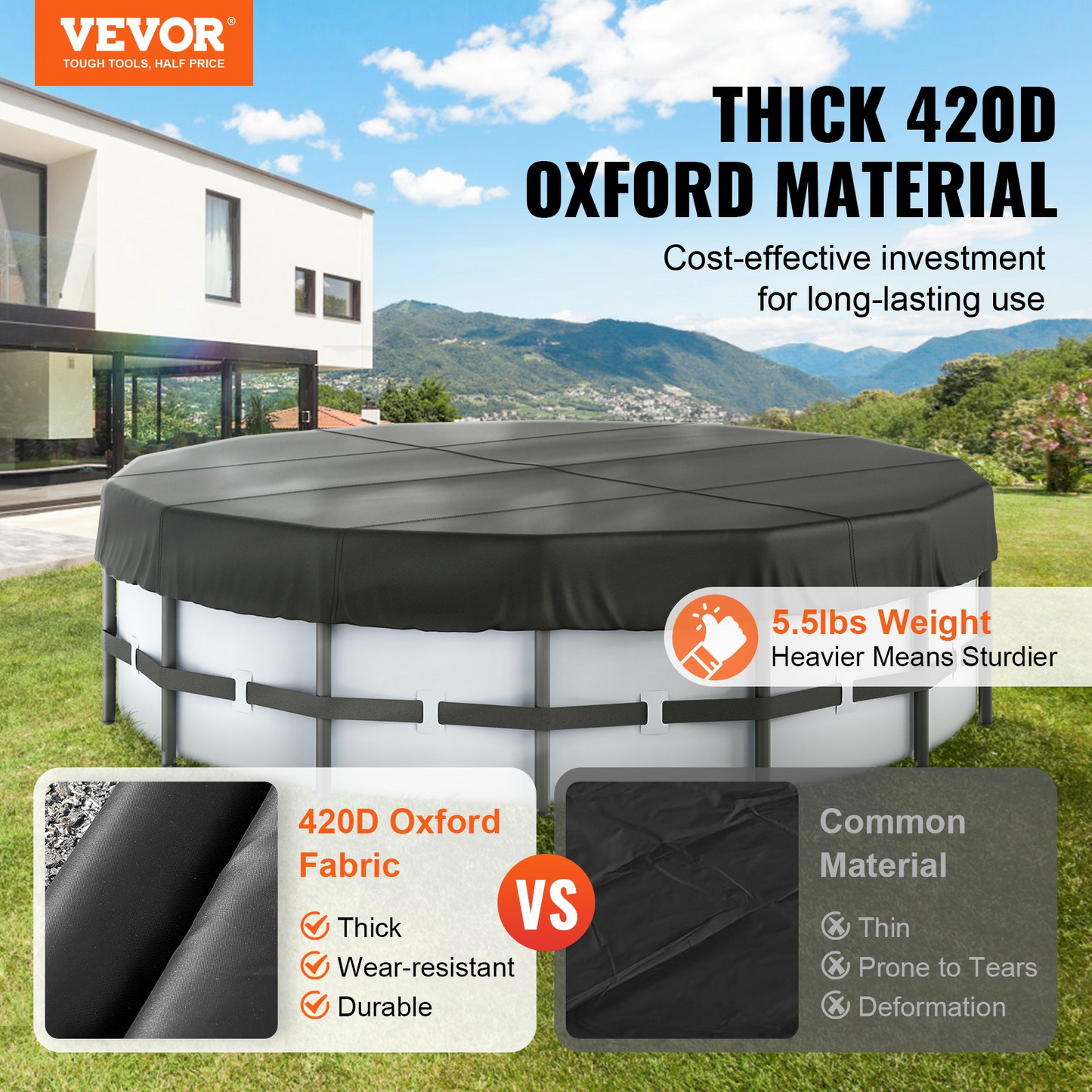 VEVOR 15 Ft Round Pool Cover, Solar Covers for Above Ground Pools, Safety Pool Cover with Drawstring Design, 420D Oxford Fabric Summer Pool Cover, Waterproof and Dustproof, Black