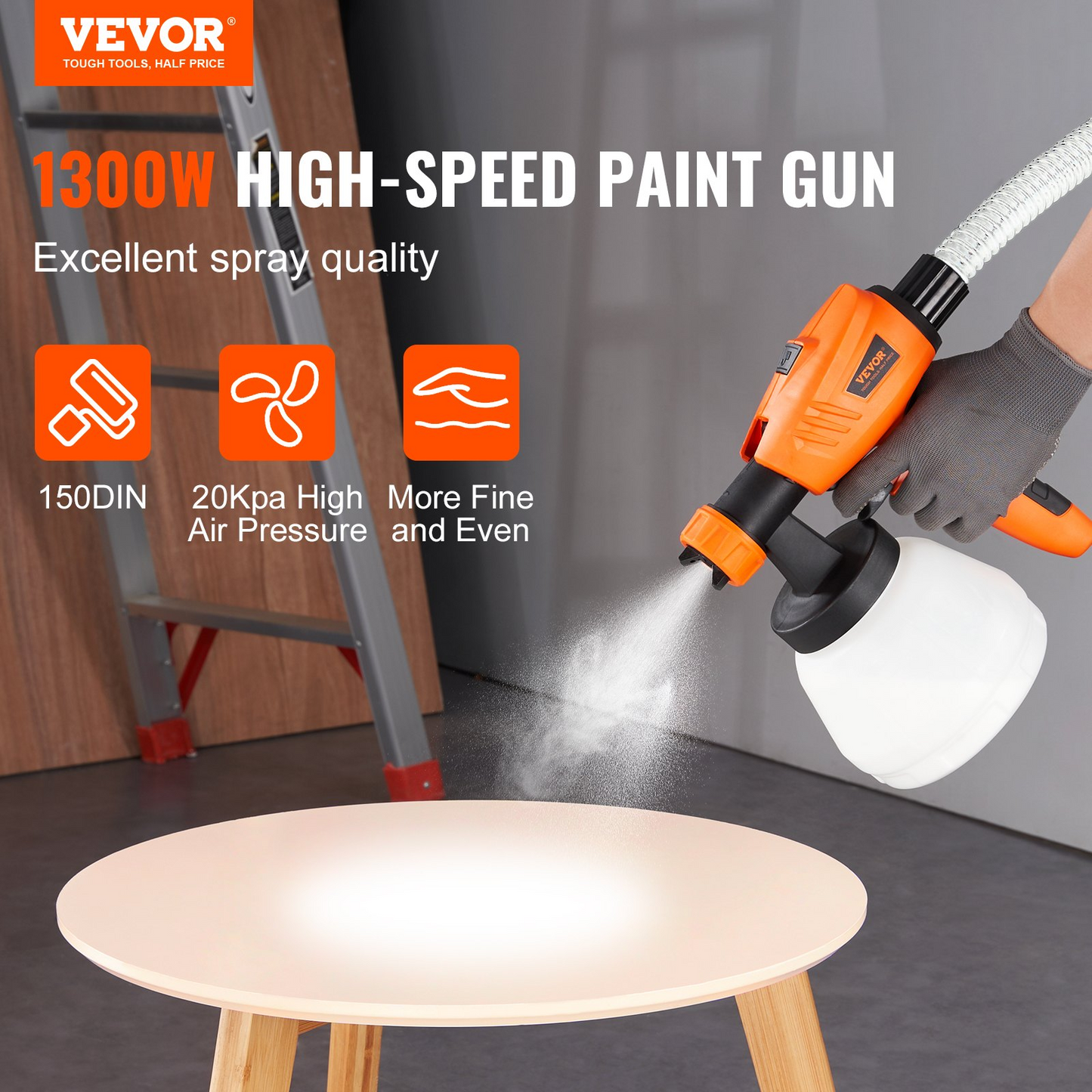 VEVOR Paint Sprayer, 1300W Electric Spray Paint Gun with Air Hose, 1300ml and 800 ml Containers, 5 Copper Nozzles, 150 Din HVLP Spray Gun for House Painting Home Interior and Exterior Walls, Fence