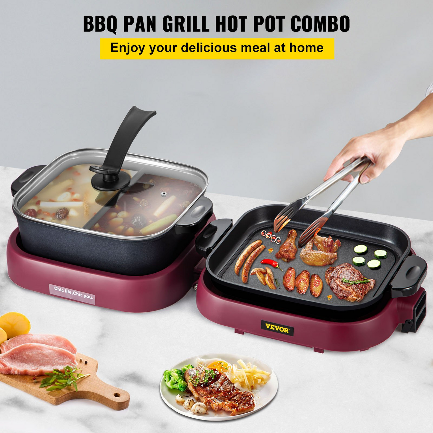 VEVOR 2 in 1 Electric BBQ Pan Grill Hot Pot Foldable Hot Pot BBQ Grill 2100W