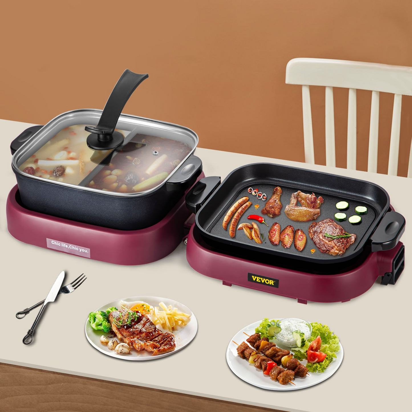 VEVOR 2 in 1 Electric BBQ Pan Grill Hot Pot Foldable Hot Pot BBQ Grill 2100W