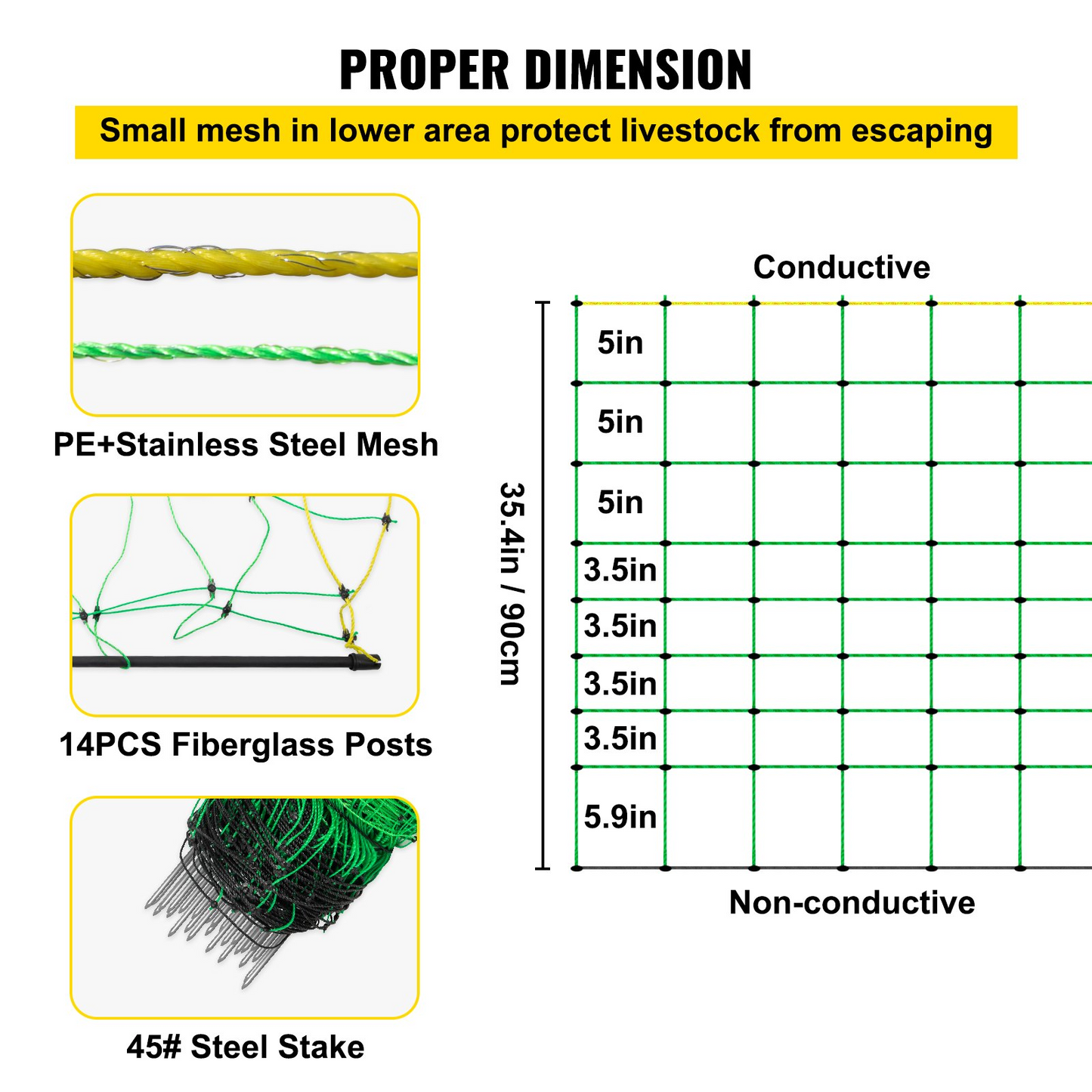 VEVOR Electric Fence Netting, 35.4" H x 164' L, PE Net Fencing with 14 Posts Double Spiked, Utility Portable Mesh for Goats, Sheep, Lambs, Deer, Hogs, Dogs, Used in Backyards, Farms and Ranches, Green