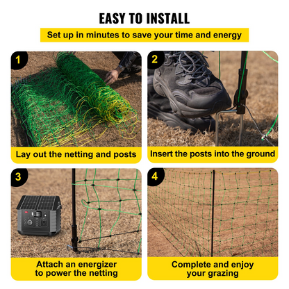 VEVOR Electric Fence Netting, 35.4" H x 164' L, PE Net Fencing with 14 Posts Double Spiked, Utility Portable Mesh for Goats, Sheep, Lambs, Deer, Hogs, Dogs, Used in Backyards, Farms and Ranches, Green