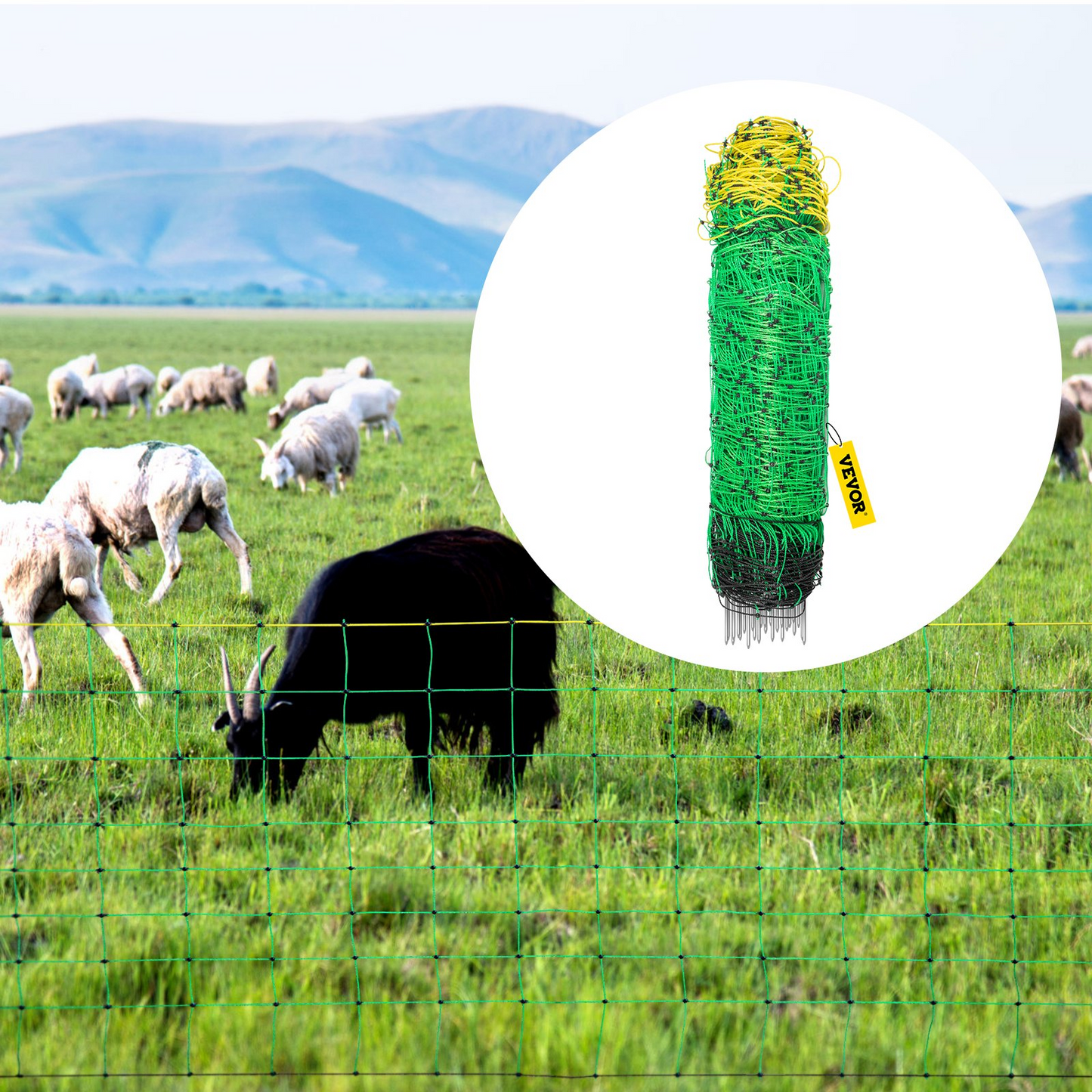 VEVOR Electric Fence Netting, 35.4" H x 164' L, PE Net Fencing with 14 Posts Double Spiked, Utility Portable Mesh for Goats, Sheep, Lambs, Deer, Hogs, Dogs, Used in Backyards, Farms and Ranches, Green