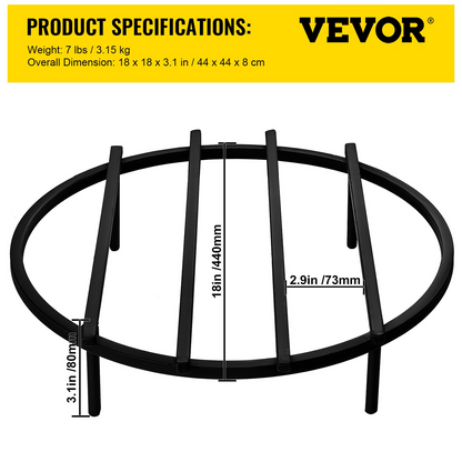 VEVOR Fire Pit Grate, Heavy Duty Iron Round Firewood Grate, Round Wood Fire Pit Grate 18", Firepit Grate with Black Paint, Fire Grate with 4 Removable Square Legs for Burning Fireplace and Firepits