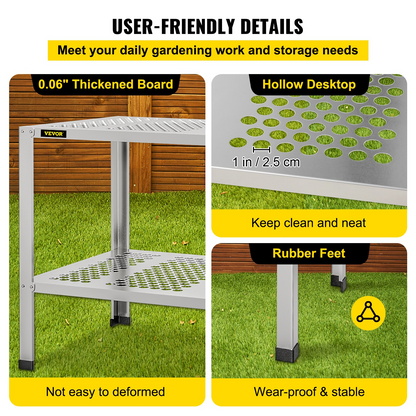 VEVOR Potting Bench, 42" L x 24" W x 32" H, Aluminum Alloy Outdoor Workstation with Rubber Feet, Multi-use Double Layers Gardening Table for Greenhouse, Patio, Porch, Backyard, Silver