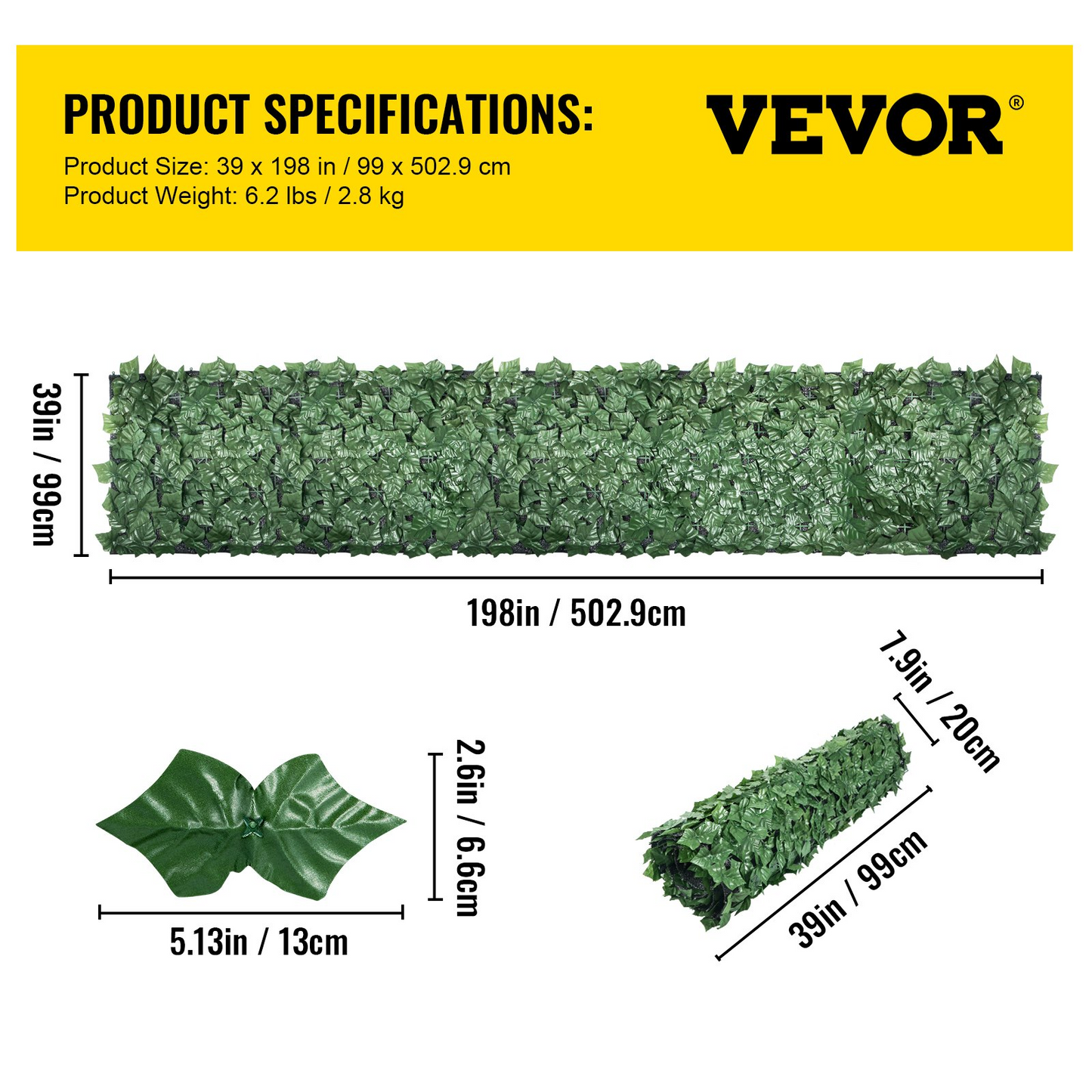 VEVOR Ivy Privacy Fence Screen, 39"x198" PP Faux Leaf Artificial Hedges, 3-Layers Indoor or Outdoor Greenery Leaves Panel, Multi-use for Garden, Yard, Decor, Balcony, Patio, Home, Green, 39 x 198 Inch