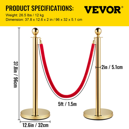 VEVOR Velvet Ropes and Posts, 5 ft/1.5 m Red Rope, Stainless Steel Gold Stanchion with Ball Top, Red Crowd Control Barrier Used for Theaters, Party, Wedding, Exhibition, Ticket Offices 2 Pack Sets