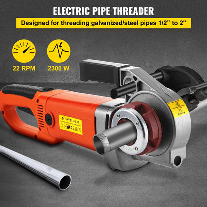 VEVOR Electric Pipe Threader, 2300W Pipe Threading Machine, Heavy-Duty Hand-Held Power Drive Kit, 110V Pipe Threader Machine Copper Motor, Portable Pipe Threader with 6 Dies 1/2"-2" and Carrying Case