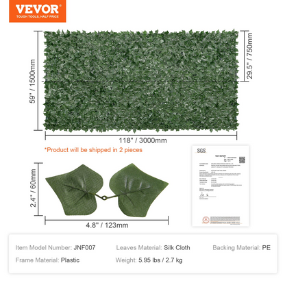 VEVOR Ivy Privacy Fence, 59 x 118in Artificial Green Wall Screen, Greenery Ivy Fence with Mesh Cloth Backing and Strengthened Joint, Faux Hedges Vine Leaf Decoration for Outdoor Garden, Yard, Balcony