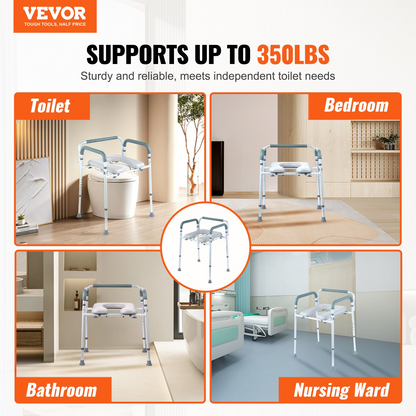 VEVOR Commode Chair, Bedside Commode with Padded Seat and Arms, 7-Level Adjustable Height, 5.8L Removable Bucket, Easy to Assemble, 350 LBS Capacity, Raised Toilet Seat for Adults Seniors