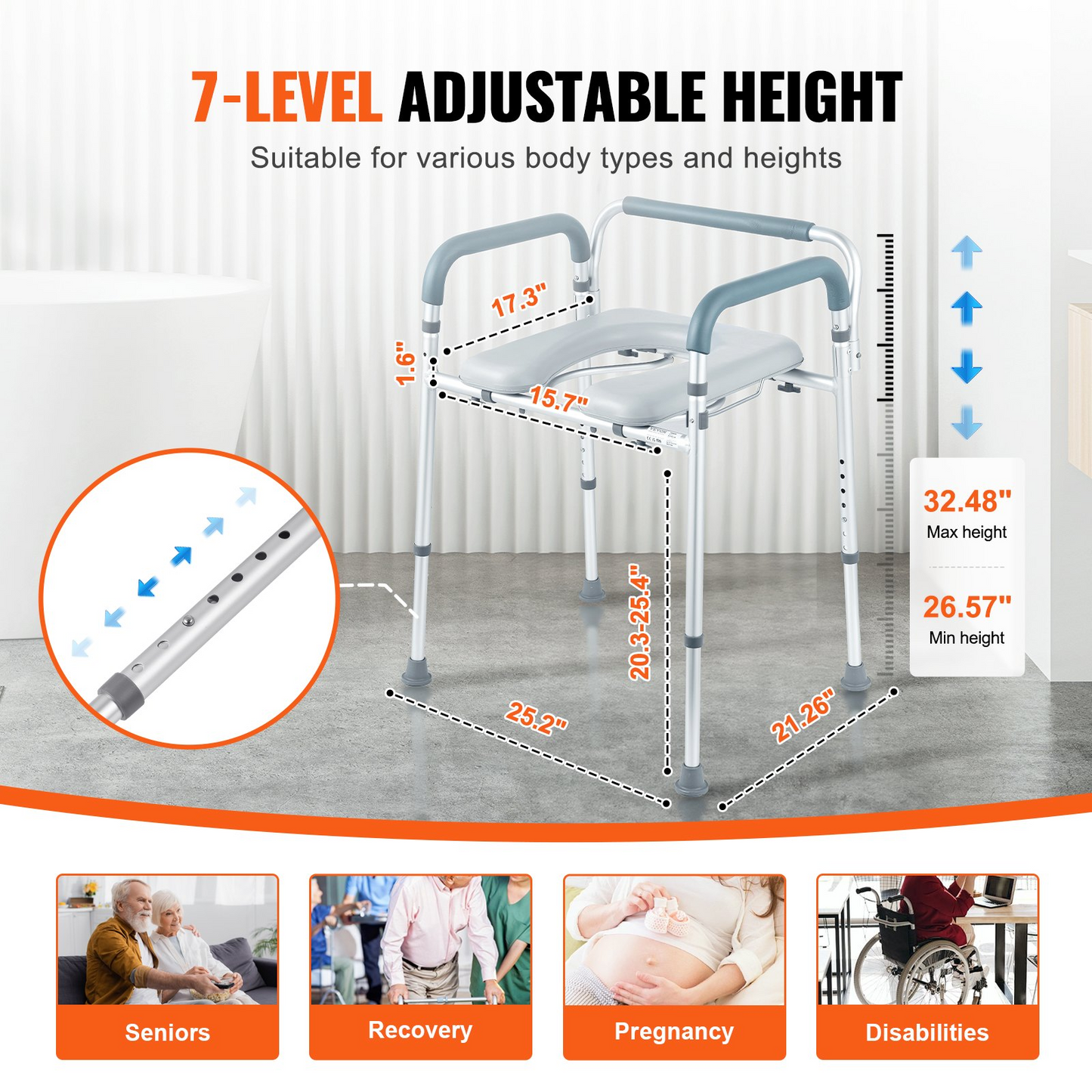 VEVOR Commode Chair, Bedside Commode with Padded Seat and Arms, 7-Level Adjustable Height, 5.8L Removable Bucket, Easy to Assemble, 350 LBS Capacity, Raised Toilet Seat for Adults Seniors