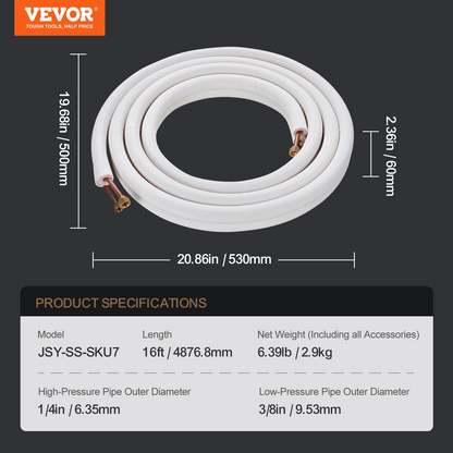 VEVOR 16FT Mini Split Line Set, 1/4" & 3/8" O.D Copper Pipes Tubing and Triple-Layer Insulation, for Air Conditioning or Heating Pump Equipment & HVAC with Rich Accessories (18ft Connection Cable)