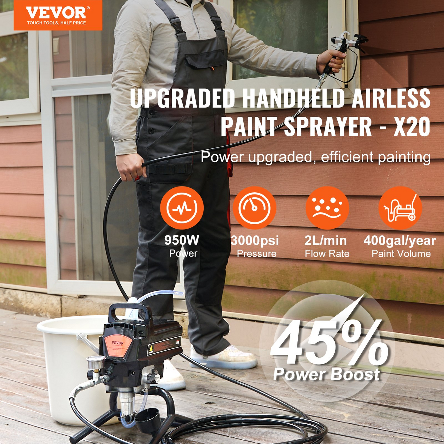 VEVOR 950W Stand Airless Paint Sprayer, 3000PSI High Efficiency Electric Airless Sprayer, Fine And Even Painting Effect, Handheld Paint Sprayers for Home Interior and Exterior Furniture and Fences