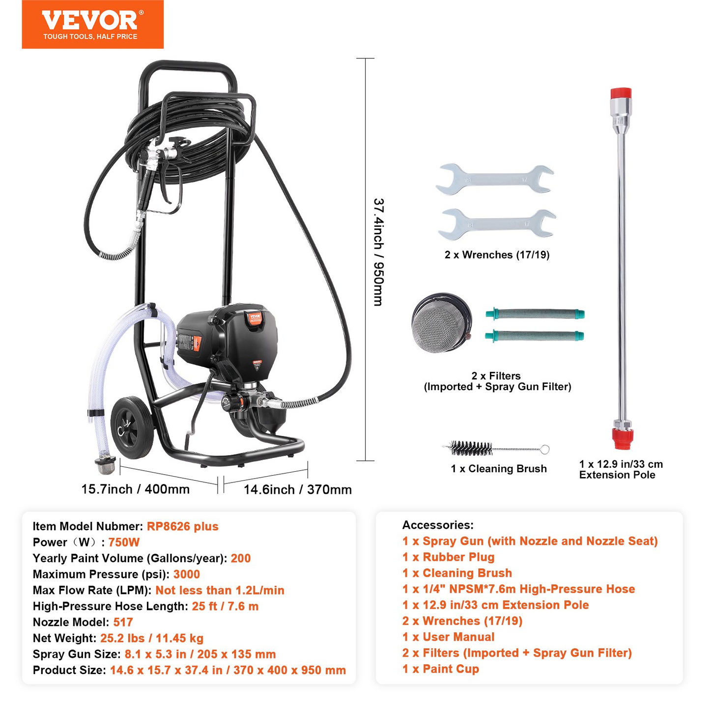 VEVOR 750W Stand Airless Paint Sprayer, 3000PSI High Efficiency Electric Airless Sprayer With Cart, Fine And Even Painting Effect, Paint Sprayers for Home Interior and Exterior Furniture and Fences