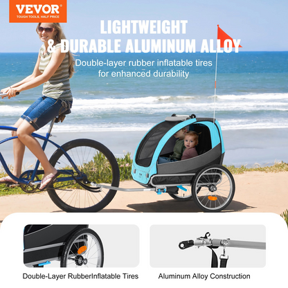 VEVOR Bike Trailer for Toddlers, Kids, Double Seat, 110 lbs Load, Tow Behind Foldable Child Bicycle Trailer with Universal Bicycle Coupler, Canopy Carrier with Strong aluminum Frame, Blue and Gray