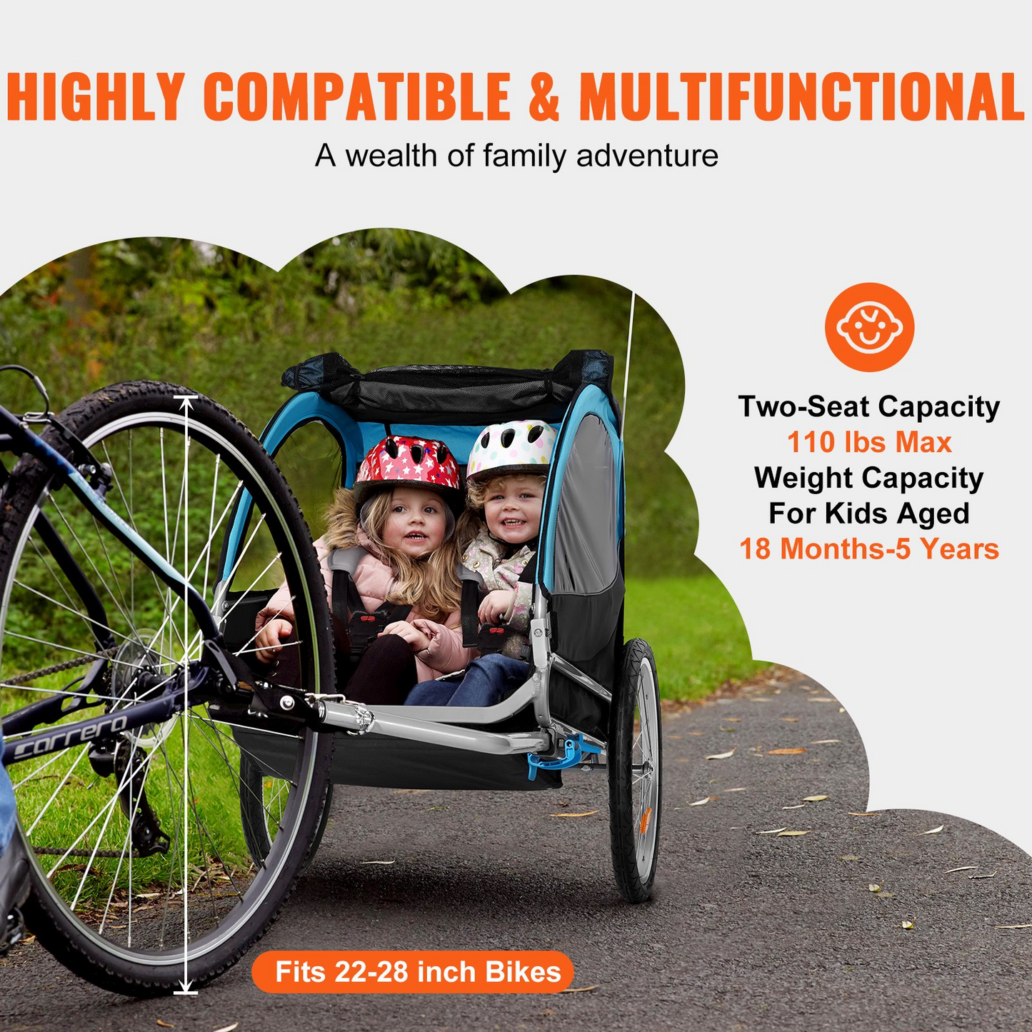 VEVOR Bike Trailer for Toddlers, Kids, Double Seat, 110 lbs Load, Tow Behind Foldable Child Bicycle Trailer with Universal Bicycle Coupler, Canopy Carrier with Strong aluminum Frame, Blue and Gray