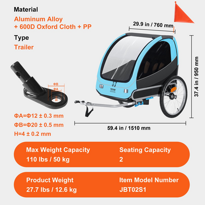 VEVOR Bike Trailer for Toddlers, Kids, Double Seat, 110 lbs Load, Tow Behind Foldable Child Bicycle Trailer with Universal Bicycle Coupler, Canopy Carrier with Strong aluminum Frame, Blue and Gray